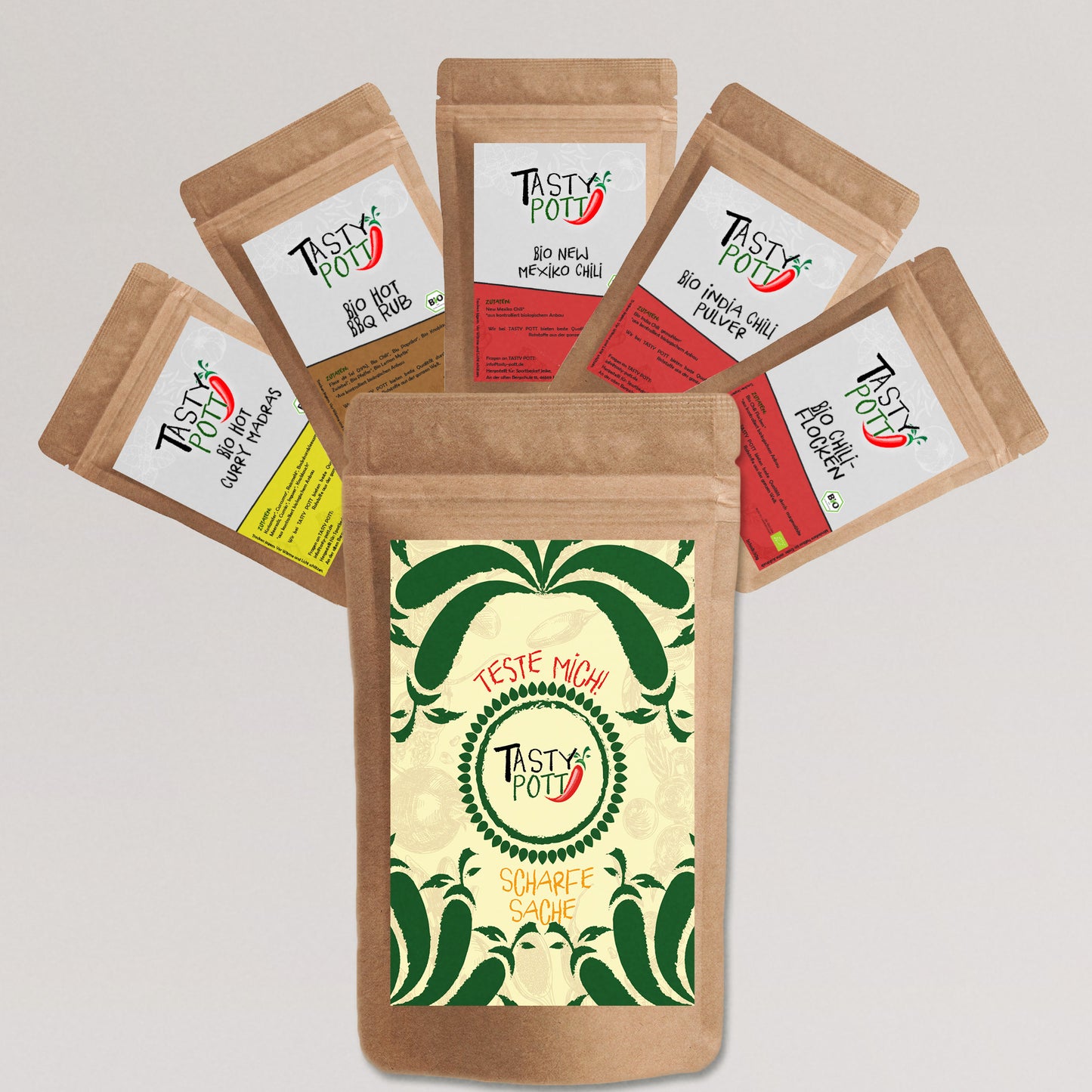 Tasty Pott Scharfe Sache - Chili Set - 5 x 30g Probiergrößen in Bio Qualität