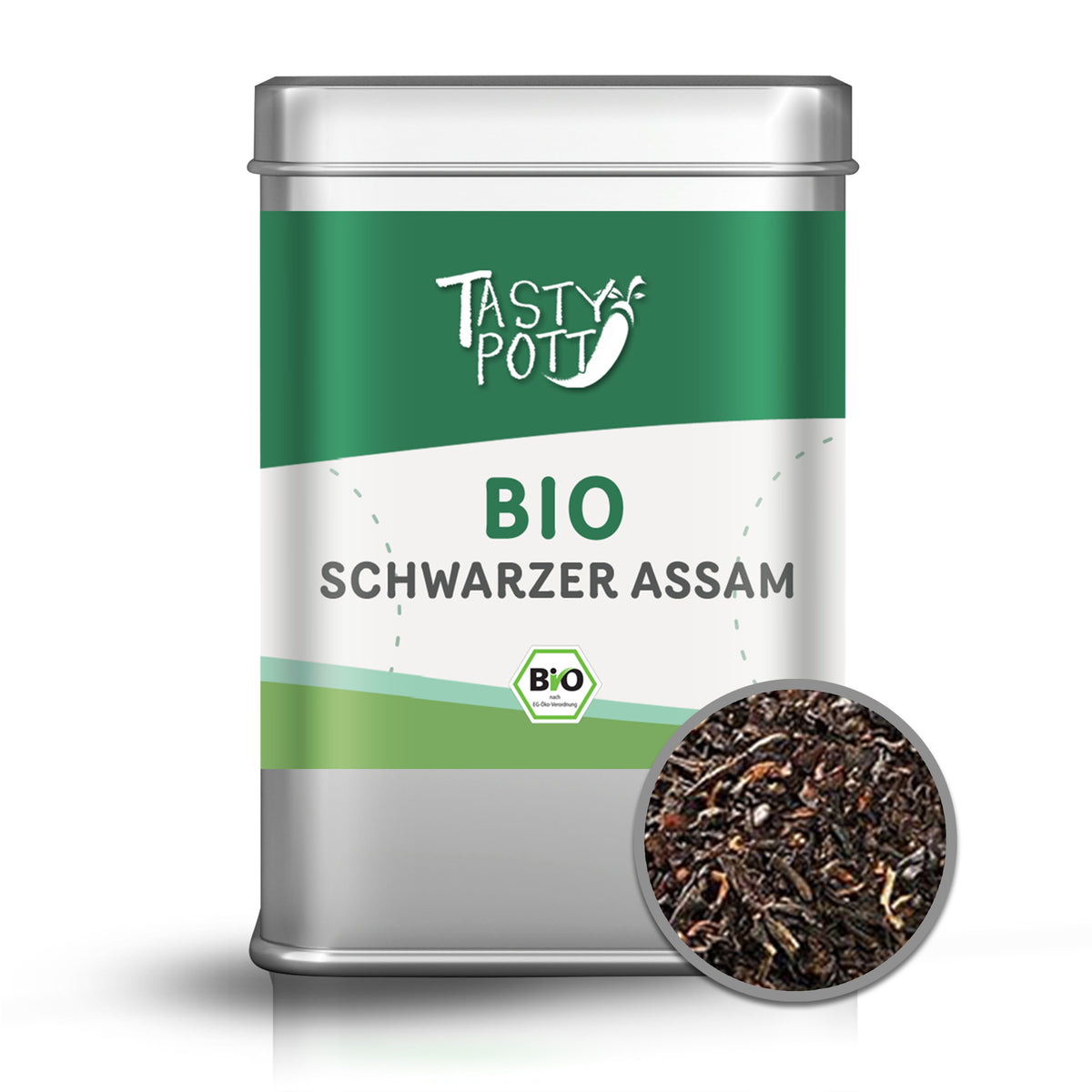 Tasty Pott Bio Assamtee Dose mit grün-weißem Etikett und Nahaufnahme von schwarzertee im runden Sichtfenster unten rechts.