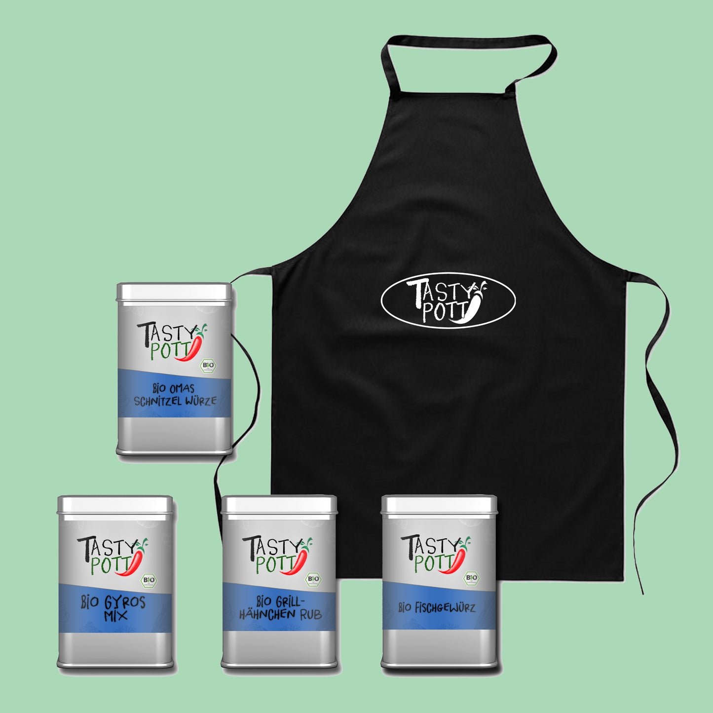 Tasty Pott Bio Gewürz Set 7 - Schmackhafte Fleischgewürze + Schürze