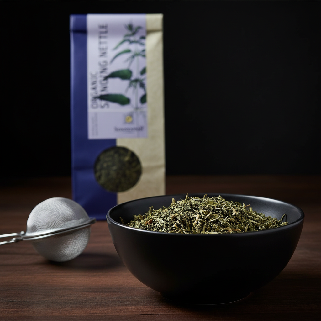 Generate a macro shot of the Sonnentor Bio Brennnessel Tee in a sophisticated, matte black bowl, with a focus on the leaf textures and subtle variations in green and brown hues. Use rim lighting to accentuate the natural contours and fine details of the te