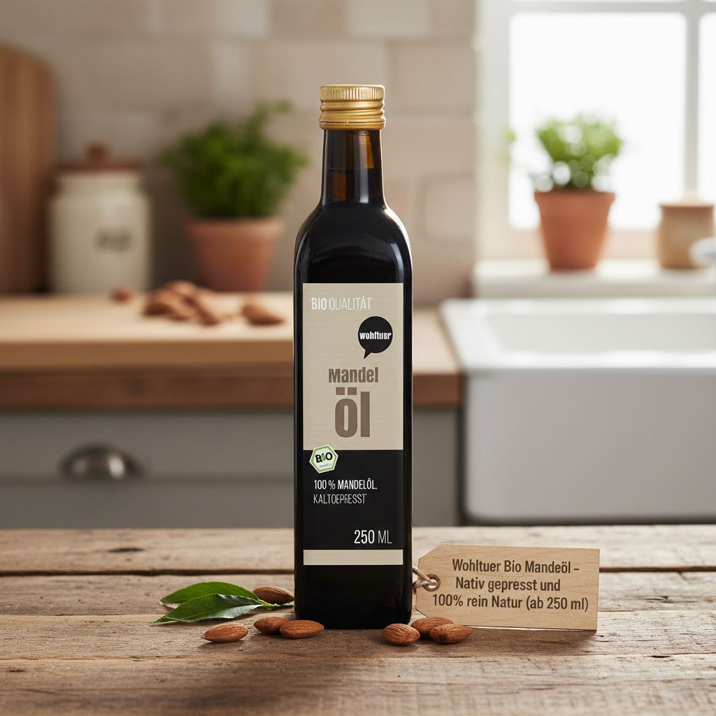 Wohltuer Bio Mandelöl bottle on wooden countertop, surrounded by almonds and leaves, in a cozy, rustic kitchen setting.