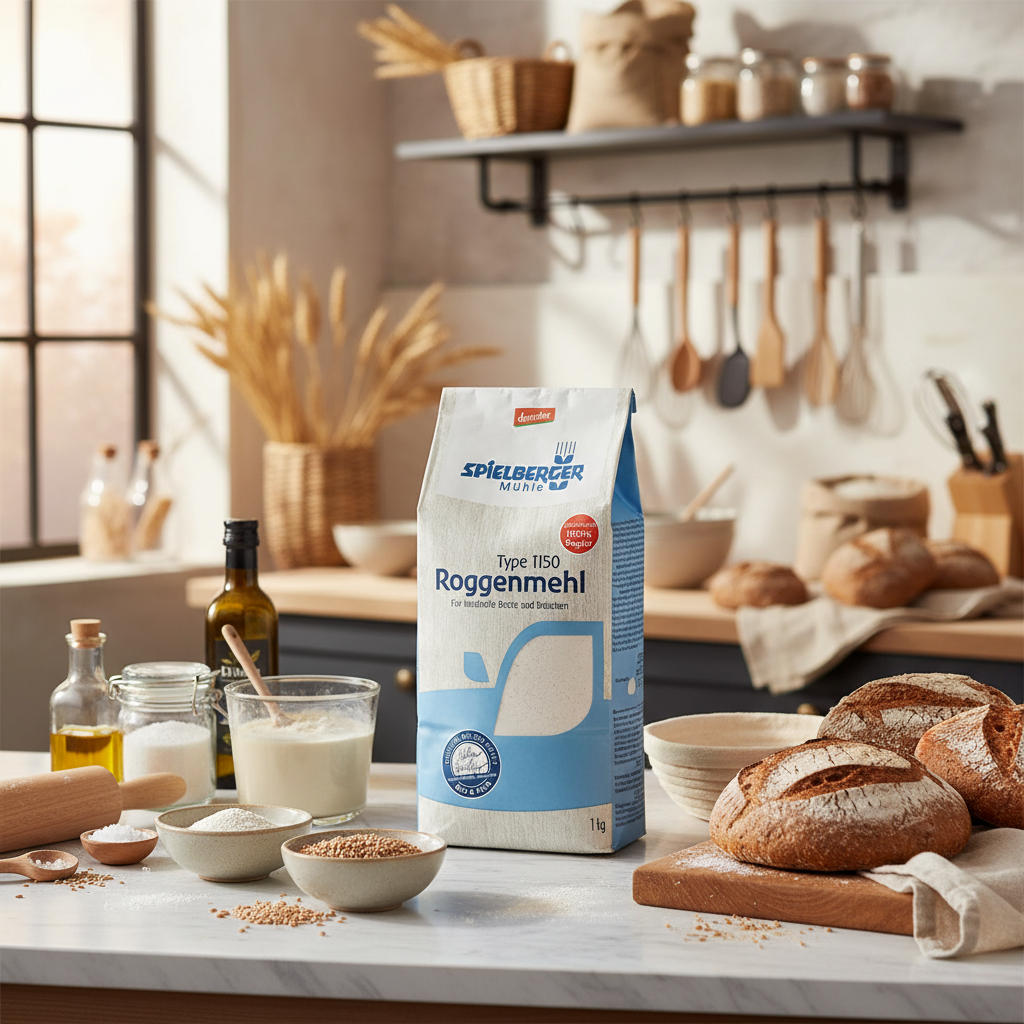 Full-body shot of a 1 kg bag of Spielberger Bio Roggenmehl Type 1150 in a modern kitchen, surrounded by baking supplies and natural light, emphasizing premium quality.