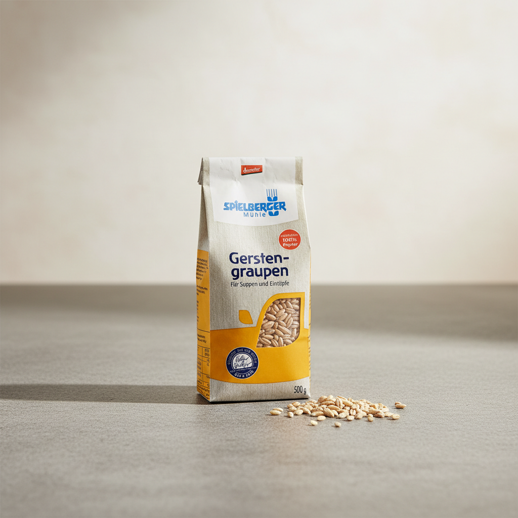 Small 500g organic barley packet on stone countertop with spilled grains, showcasing eco-friendly packaging and wholesome appeal.