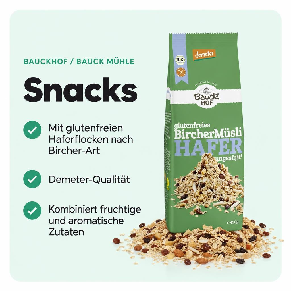 Traditionelles Bio-Bircher Müsli mit glutenfreien Haferflocken und Demeter-Qualität.