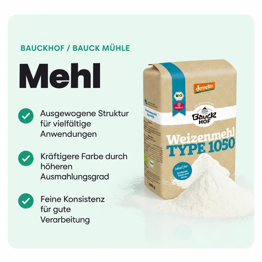 Weizenmehl Typ 1050 mit ausgewogener Struktur für vielseitige Back- und Kochideen.