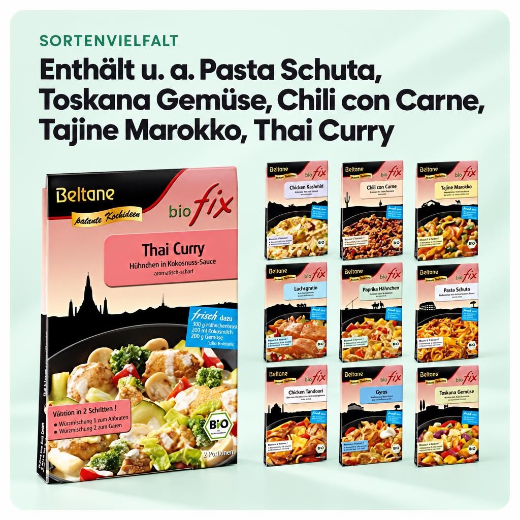 Enthält u. a. Pasta Schuta, Toskana Gemüse, Chili con Carne, Tajine Marokko, Thai Curry