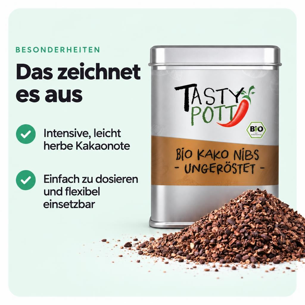 Tasty Pott Bio Kakao Nibs ungeröstet - 75g Dose – Bild 5