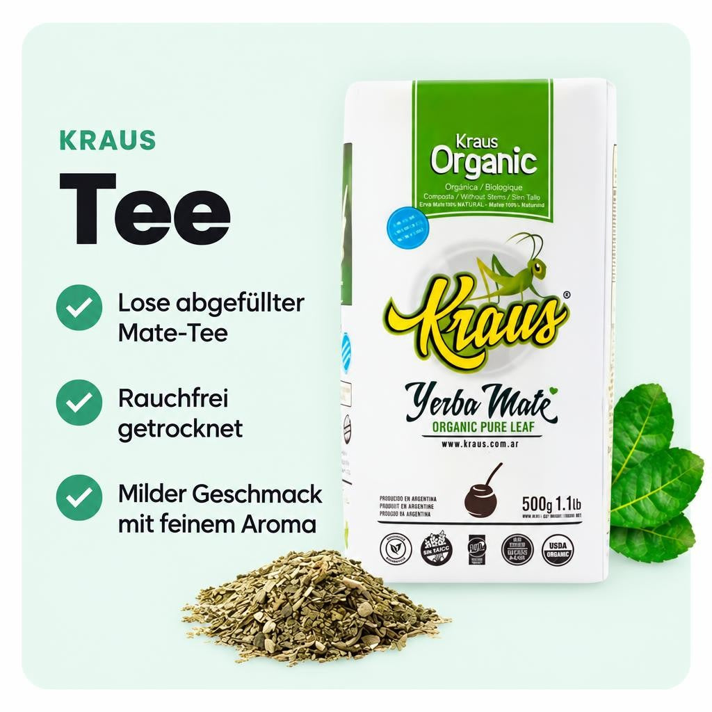 Bio Mate Tee von Kraus mit mildem Aroma, ohne Stängel und Pulver.