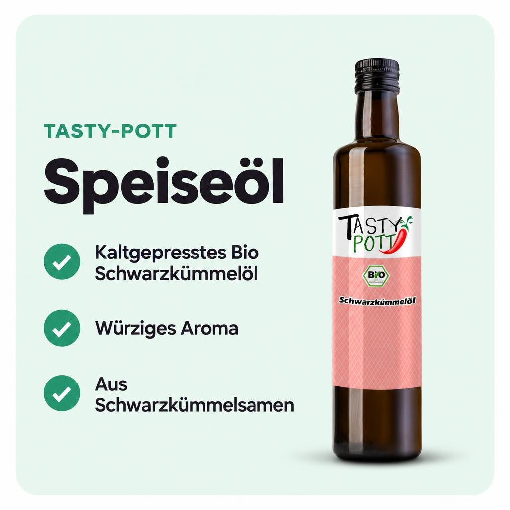 Bio Schwarzkümmelöl mit würzigem Aroma, kaltgepresst aus Schwarzkümmelsamen.