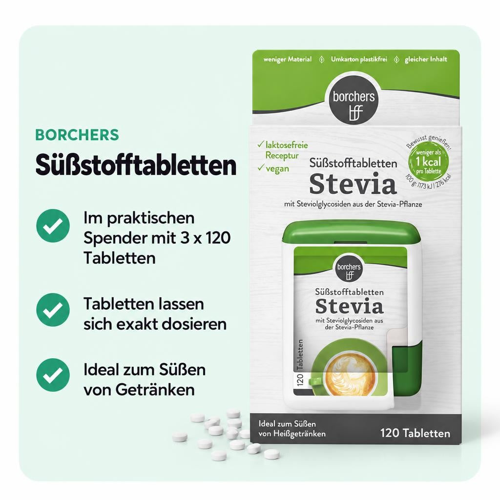 Stevia Süßstofftabletten im Spender – kompakte Süße für unterwegs und zu Hause.