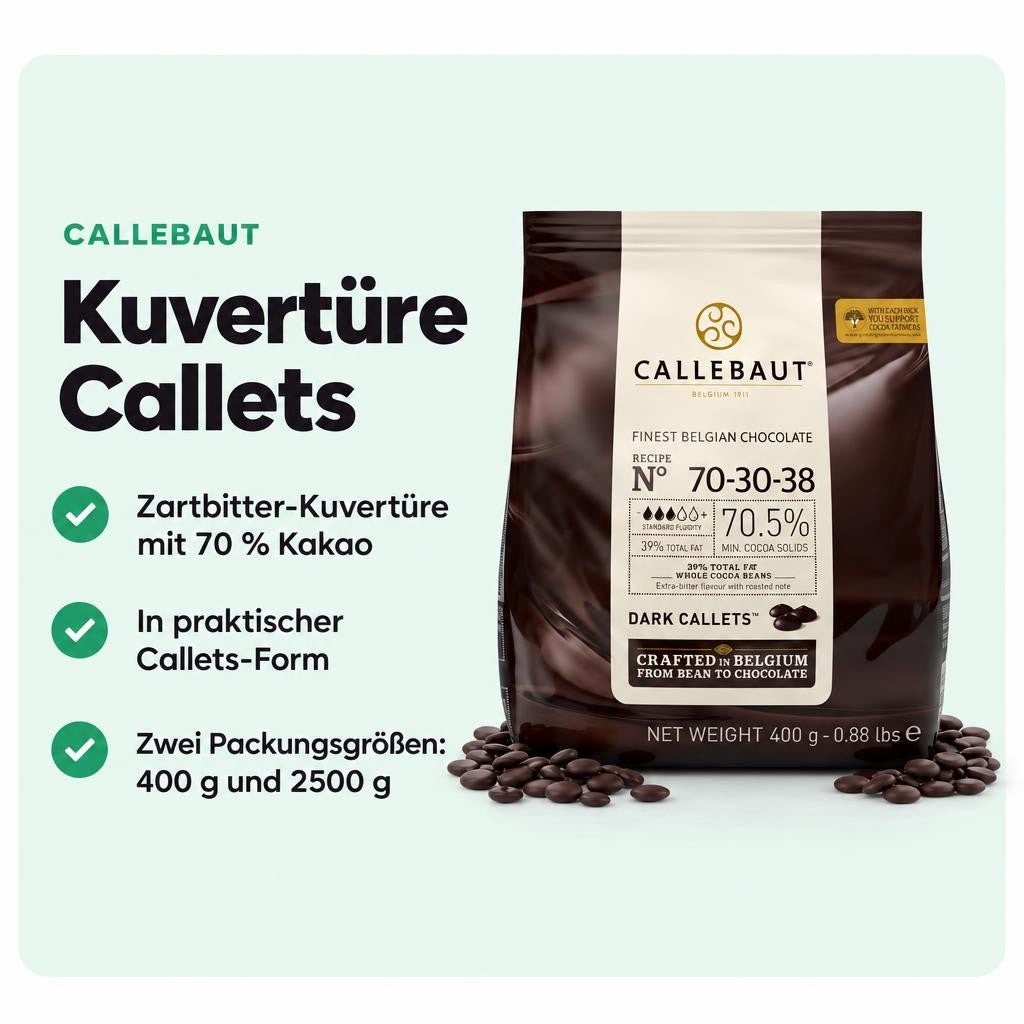 Zartbitter-Kuvertüre Callets mit 70 % Kakaoanteil für vielfältige Backideen.