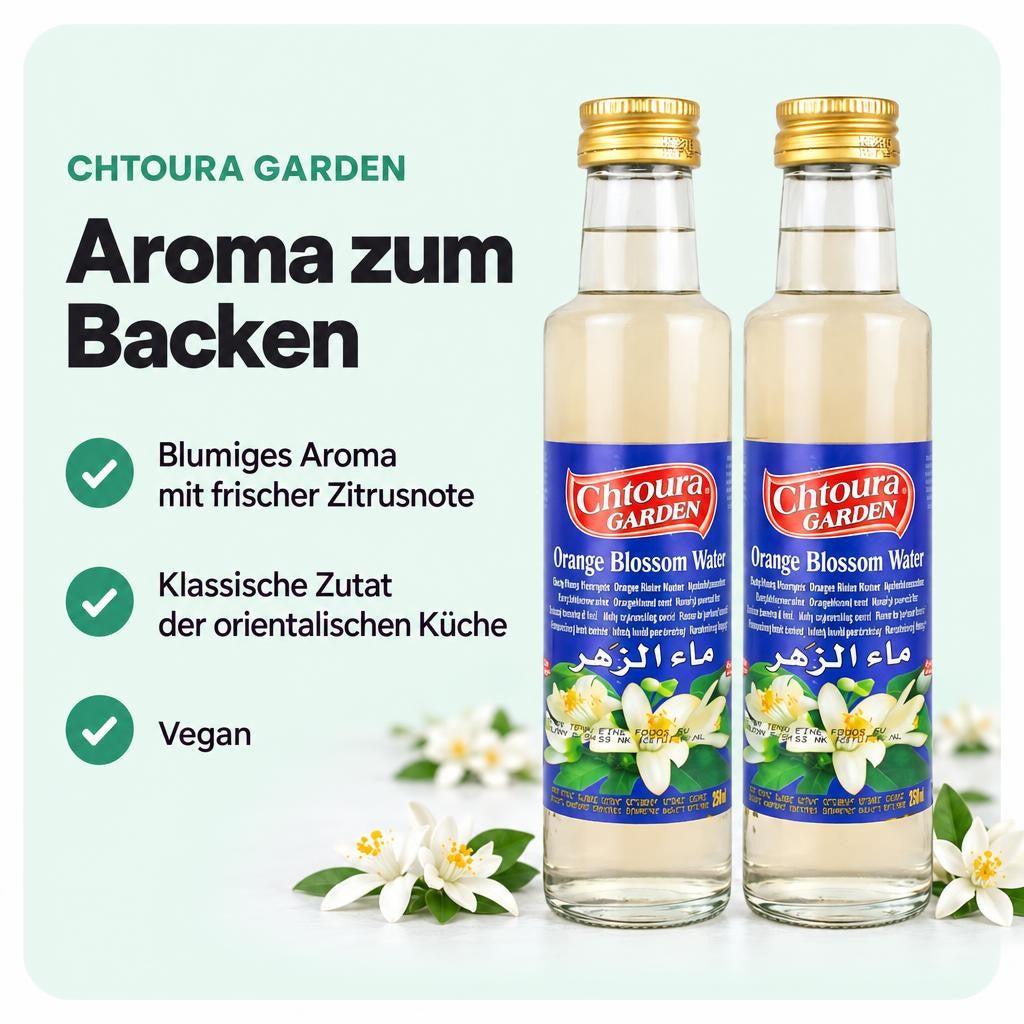 Feines Orangenblütenwasser für Backen und Desserts.