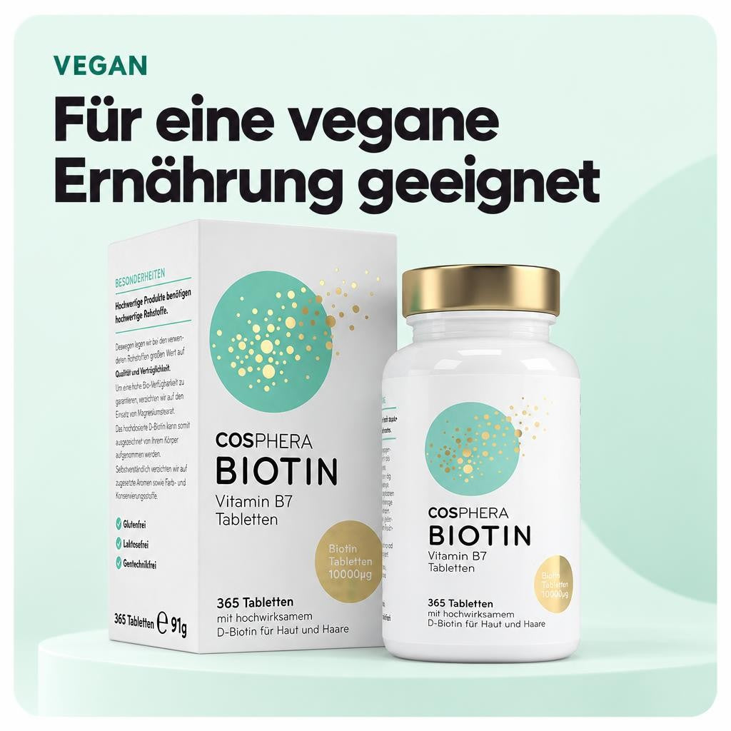 Cosphera - Biotin Hochdosiert 10.000 mcg D-Biotin - 365 vegane Tabletten – Bild 4