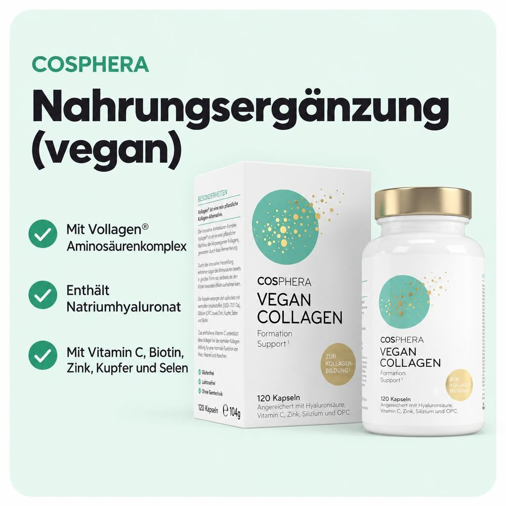 Vegane Kapseln mit Aminosäurenkomplex, Natriumhyaluronat und Vitaminen.