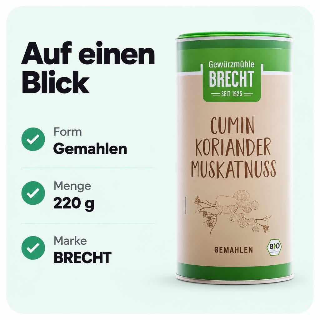 Gemahlene Mischung aus Cumin, Koriander und Muskatnuss für herzhafte Rezepte.