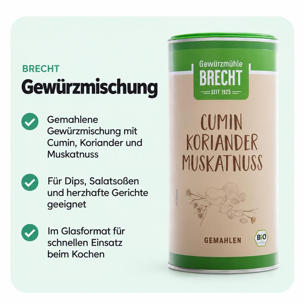 Gemahlene Mischung aus Kreuzkümmel, Koriander und Muskatnuss für herzhafte Gerichte.