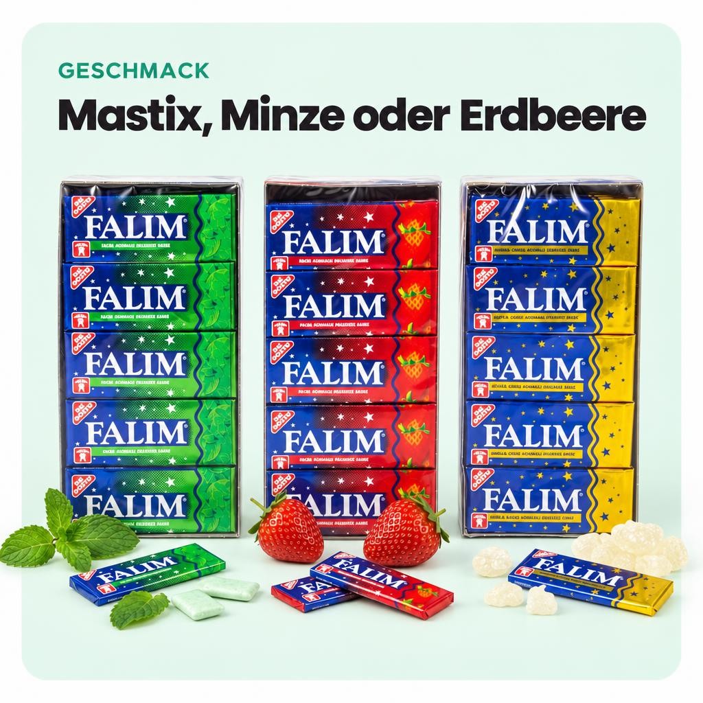 Falim Damla Sakiz Kaugummi, Sakiz mit Minzaroma, Cilek Sakiz mit Erdbeer – Bild 4