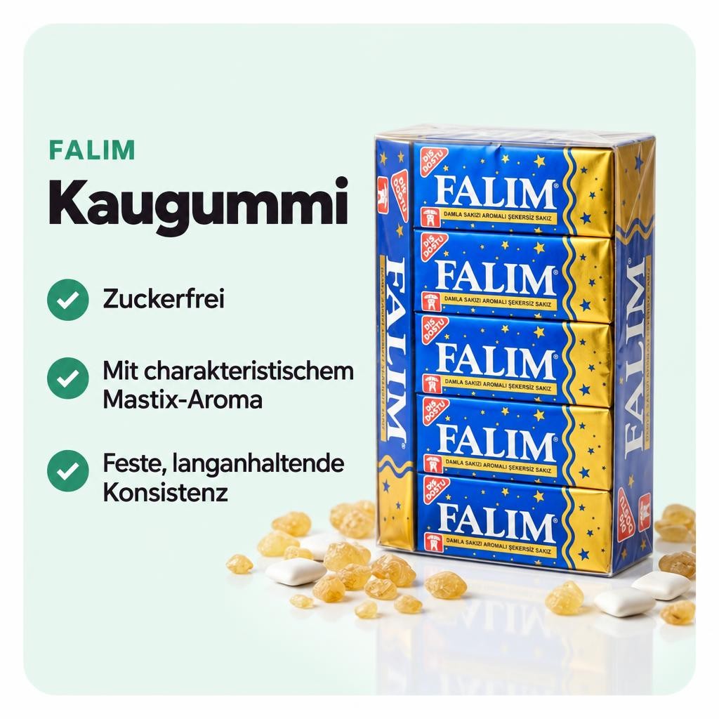 Falim Mastix Kaugummi Damla überzeugt mit Mastix-Aroma und ist zuckerfrei.