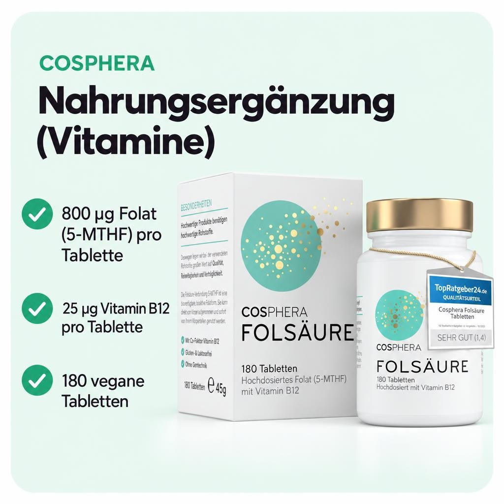 Cosphera Folsäure 800 µg mit Vitamin B12 & 5-MTHF – 180 vegane Tabletten – Bild 2
