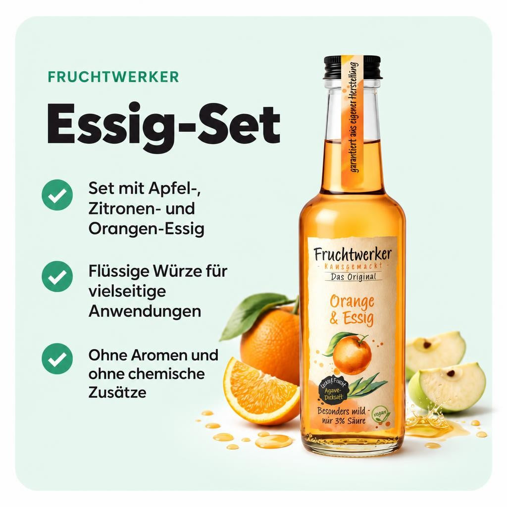 Drei Sorten: Apfel, Zitrone und Orange in einem Set mit 750 ml.