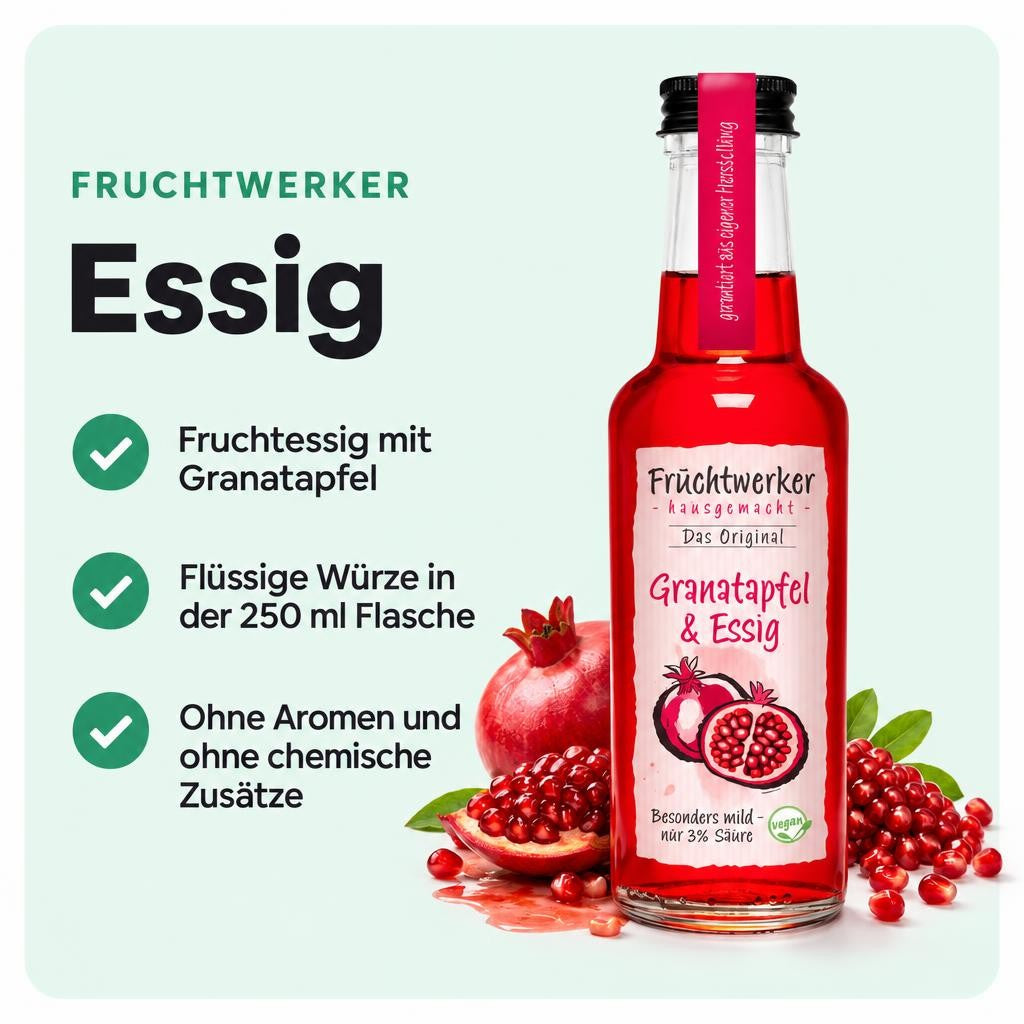Fruchtessig mit Granatapfel vereint fruchtige und fein-herbe Nuancen.