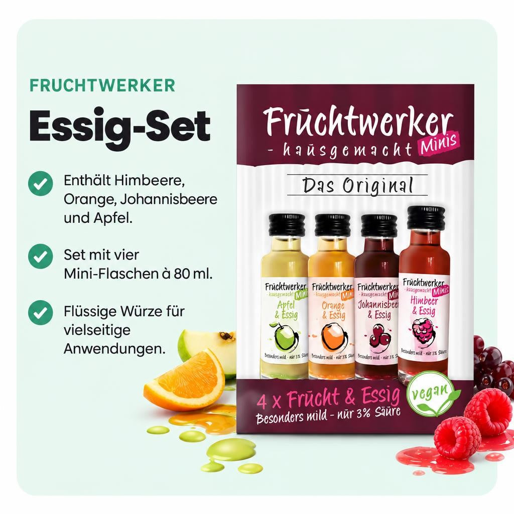 Vier fruchtige Essigsorten in kompakten Mini-Flaschen für kreative Genussmomente.