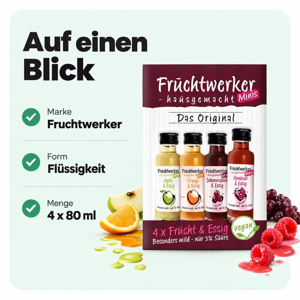 Fruchtwerker Minis 4er-Set Himbeere, Orange, Johannisbeere + Apfel - 80ml – Bild 3