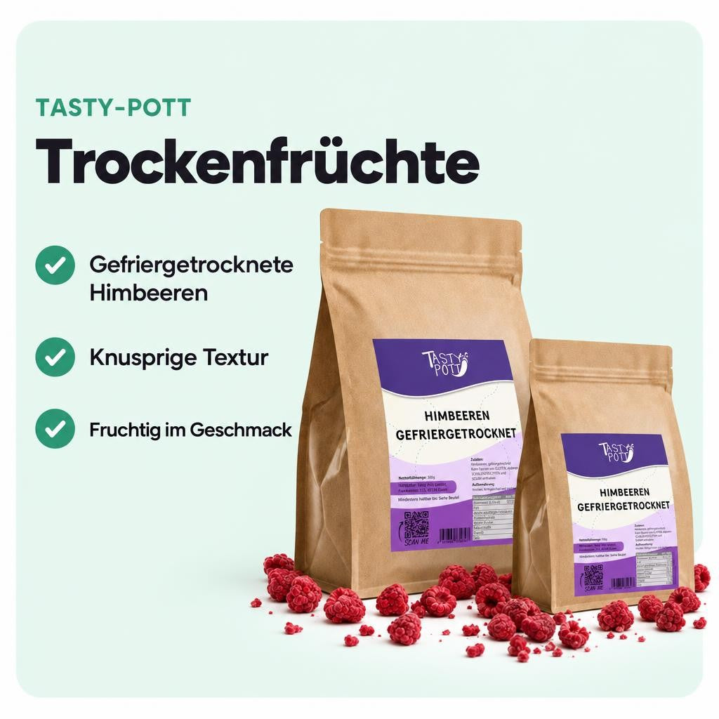 Gefriergetrocknete Himbeeren mit knuspriger Textur und fruchtigem Geschmack.