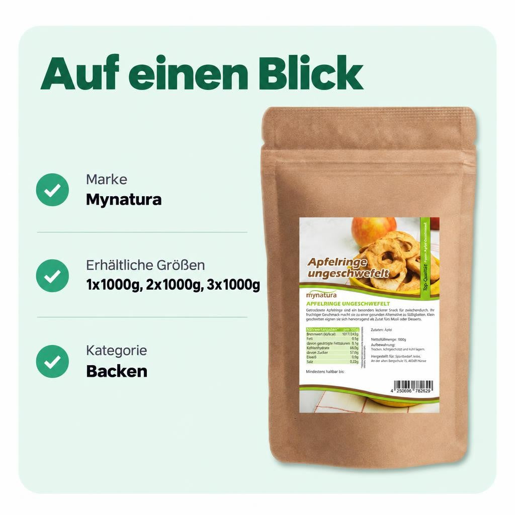 Getrocknete Apfelringe von Mynatura – naturbelassen und ungeschwefelt.