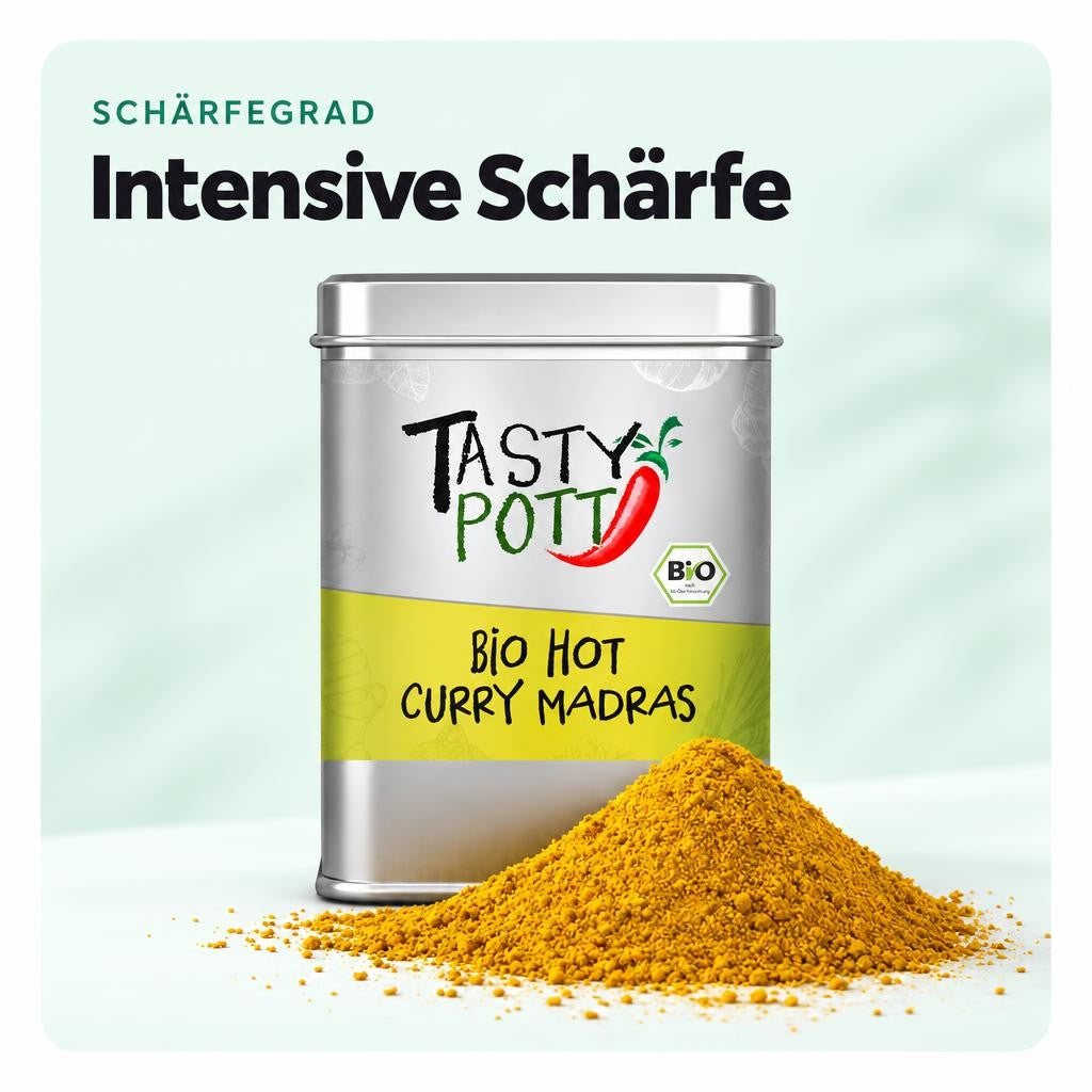 Tasty Pott Bio Hot Curry Madras - scharf - 100g Dose – Bild 4