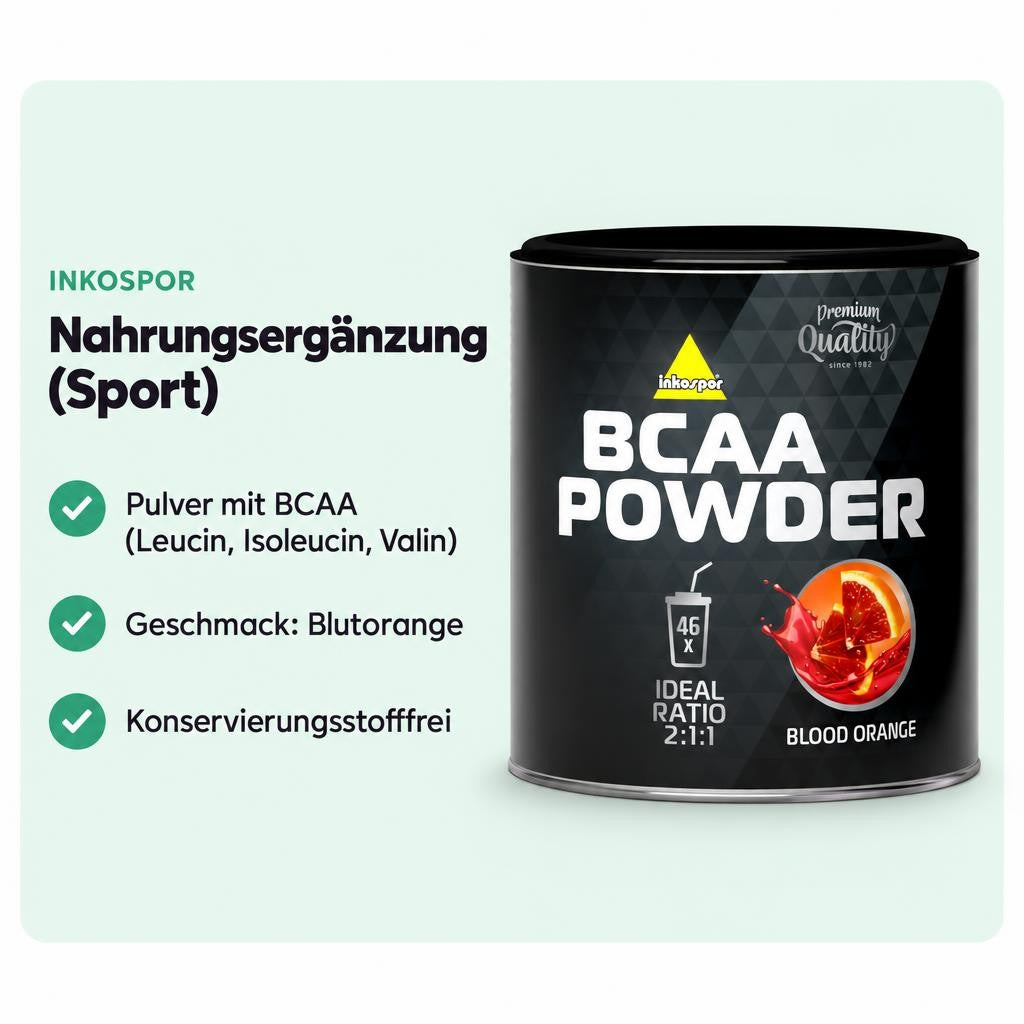 BCAA Pulver mit Blutorange-Geschmack für sportlich Aktive.