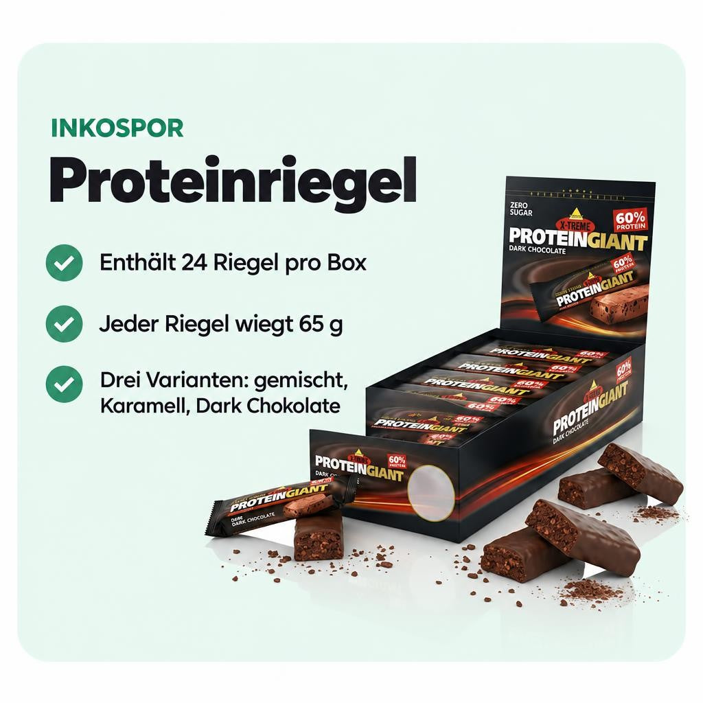 24 Riegel mit jeweils 65 g in drei Sorten: gemischt, Karamell oder Dark Chokolate.