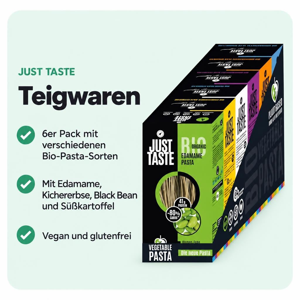 Sechs Bio-Pasta-Sorten aus Hülsenfrüchten und Süßkartoffeln im Set.