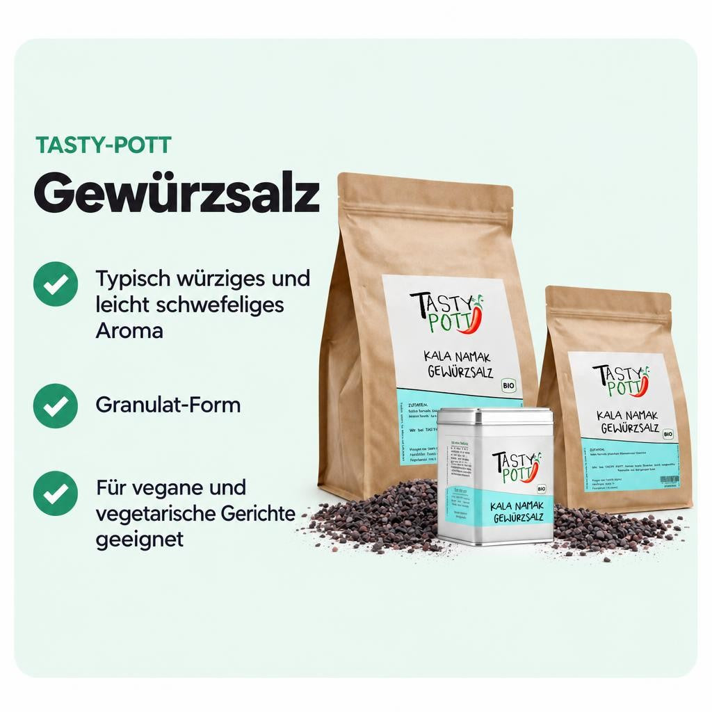 Kala Namak Salz mit intensivem Aroma in verschiedenen Beutelgrößen.