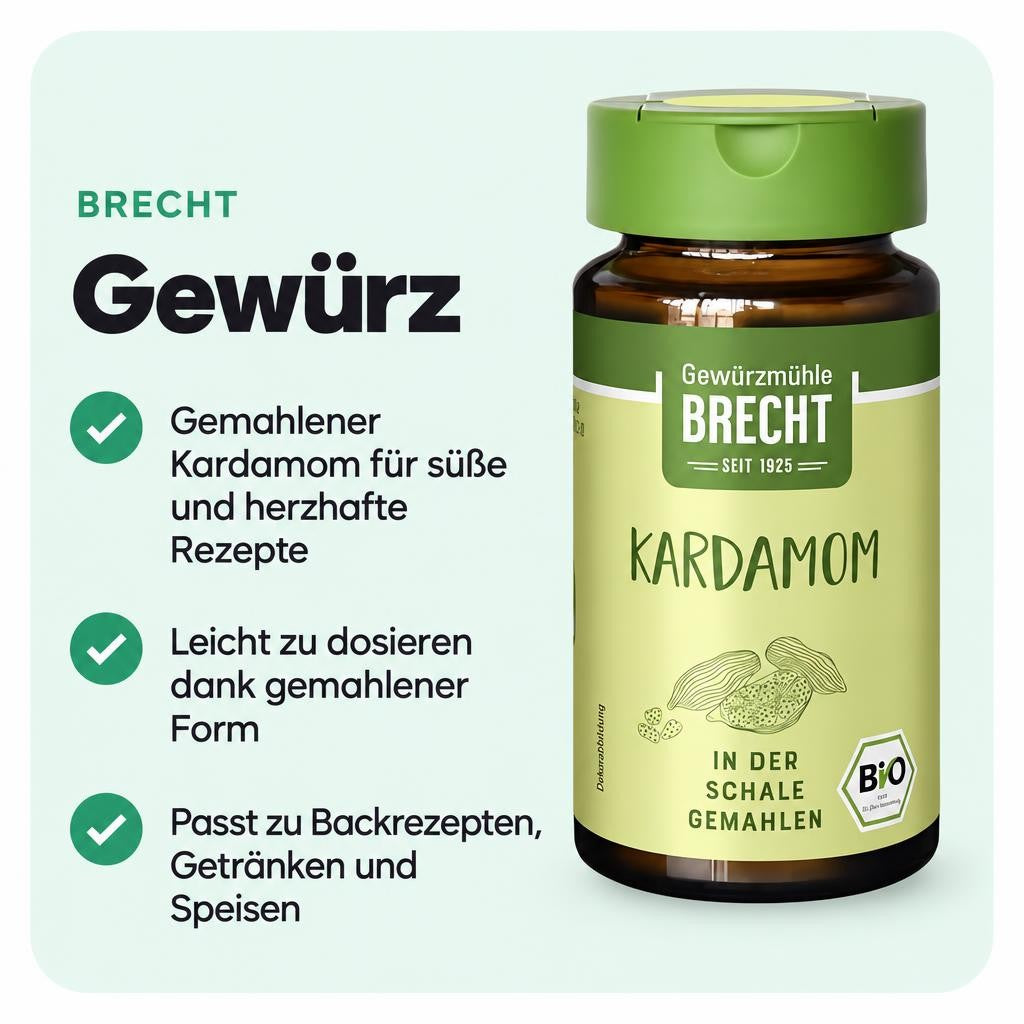 Kardamom gemahlen im 30-g-Glas bringt eine warme, fein würzige Note in die Küche.