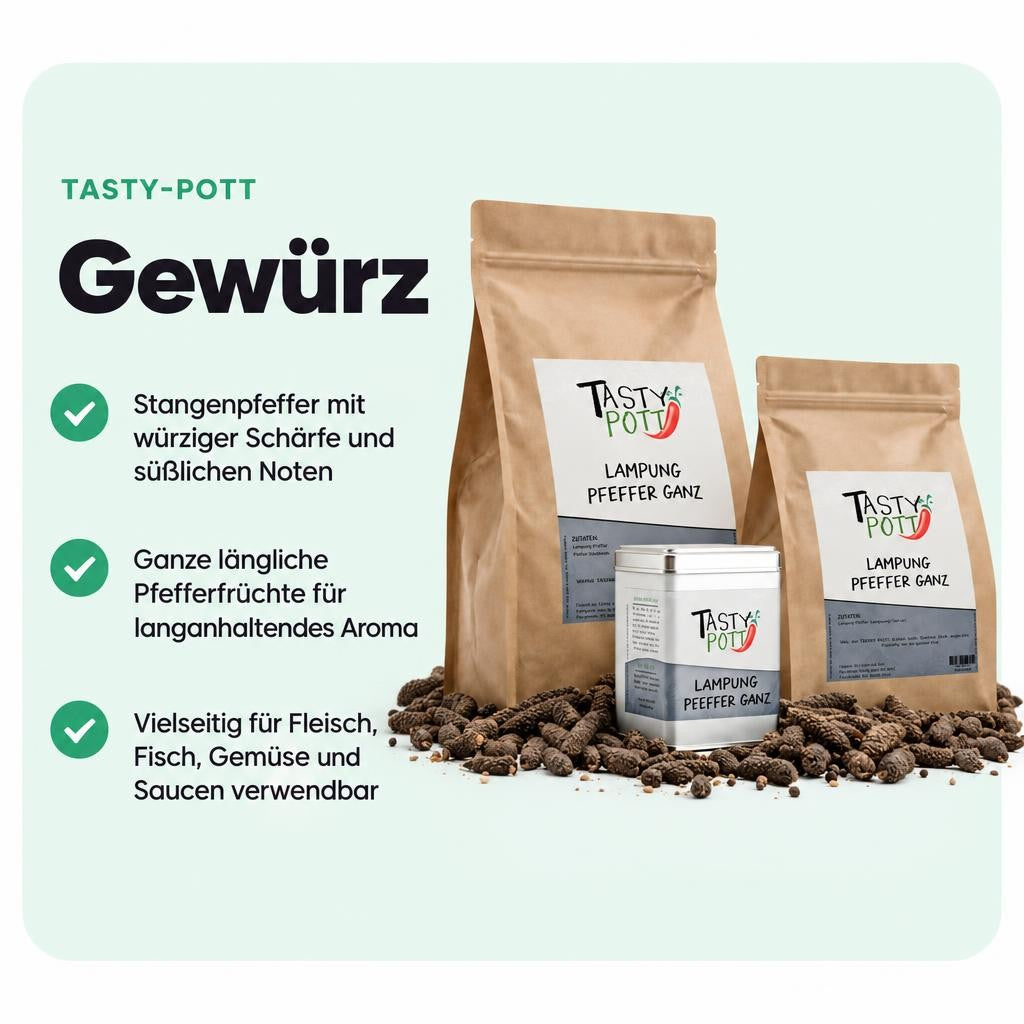 Lampung Pfeffer ganz überzeugt mit intensiven, vielschichtigen Aromen und würziger Schärfe.