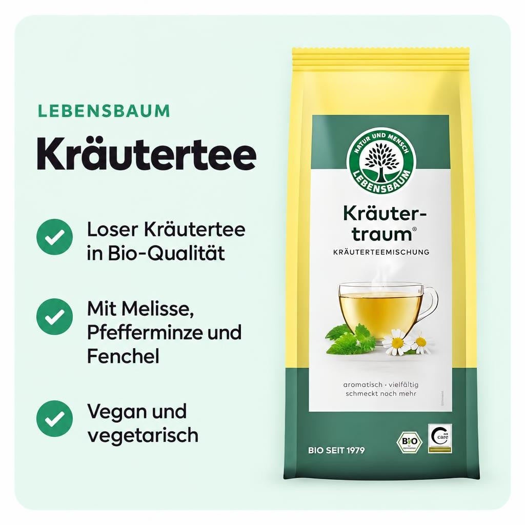 Aromatische Bio-Kräuterteemischung mit Melisse, Pfefferminze und Fenchel für entspannte Teemomente.