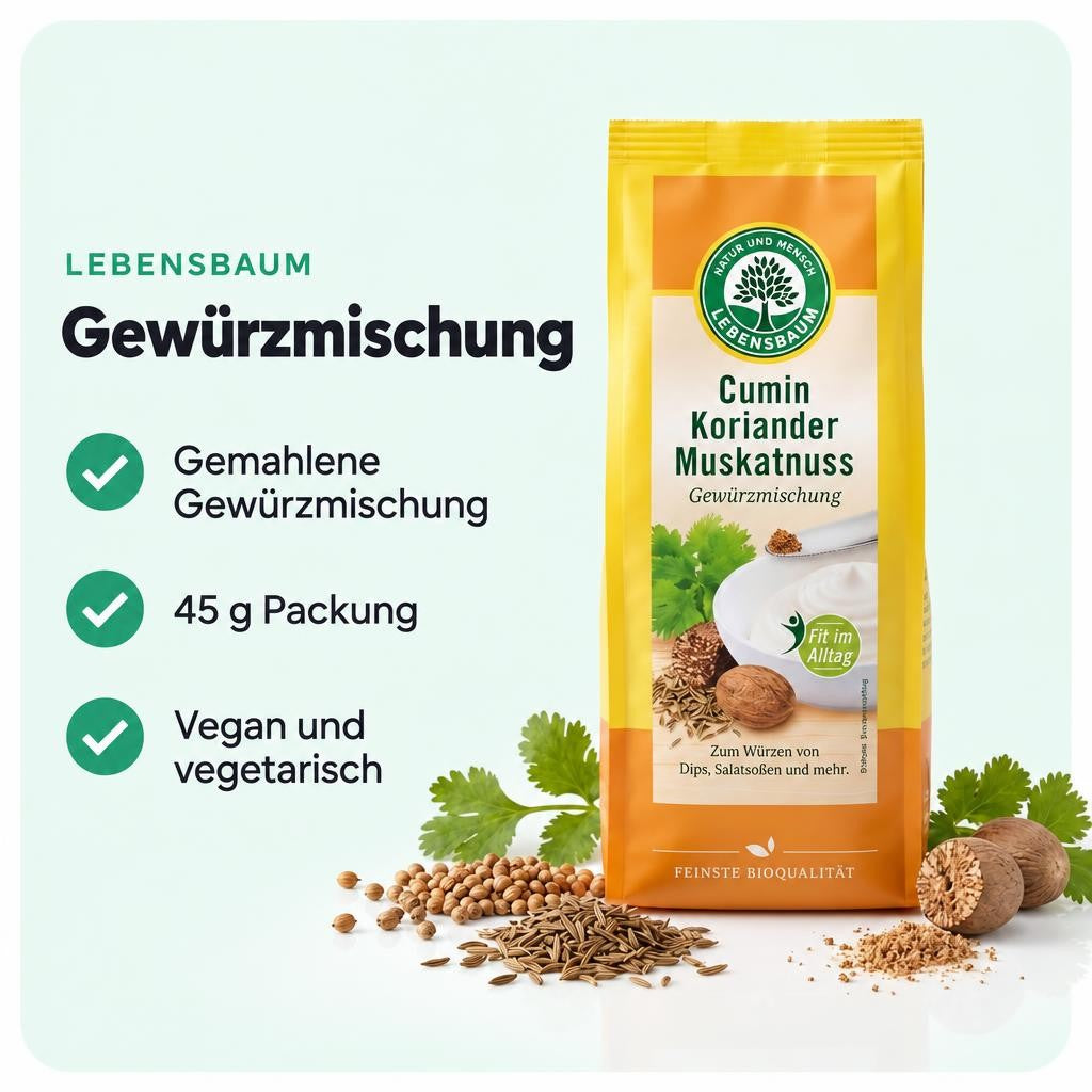 Aromatische Mischung aus Cumin, Koriander und Muskatnuss in Bio-Qualität.