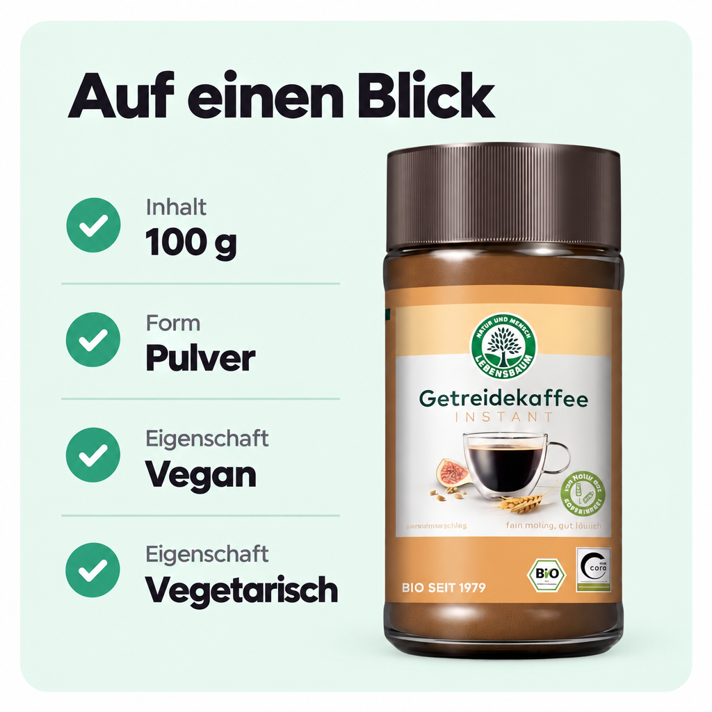 Lebensbaum Bio Getreidekaffee, löslicher, fein-malziger Geschmack, koffeinfreier Instant Kaffee, 100 g – Bild 3