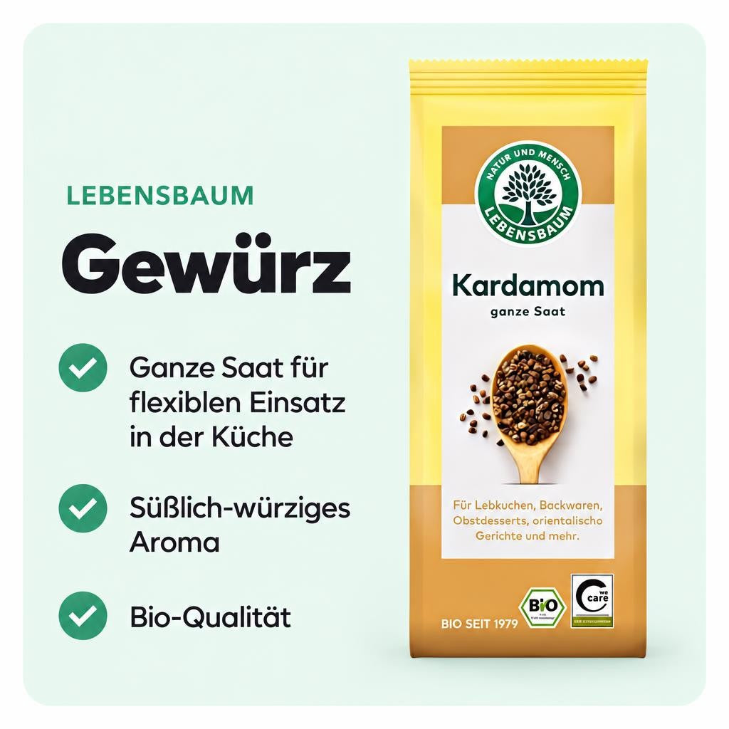 Ganze Bio-Kardamomsaat mit süßlich-würzigem Aroma für Gebäck und orientalische Gerichte.