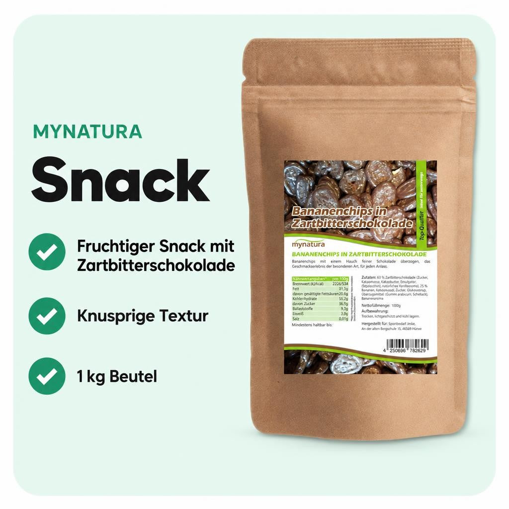 Knusprige Bananenchips umhüllt von feiner Zartbitterschokolade.