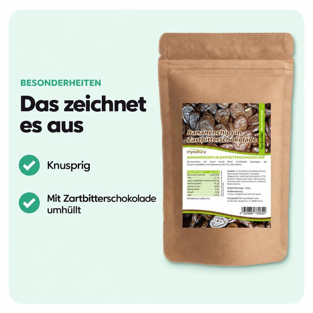 Mynatura Bananenchips in Zartbitterschokolade – 1kg Beutel – Bild 5