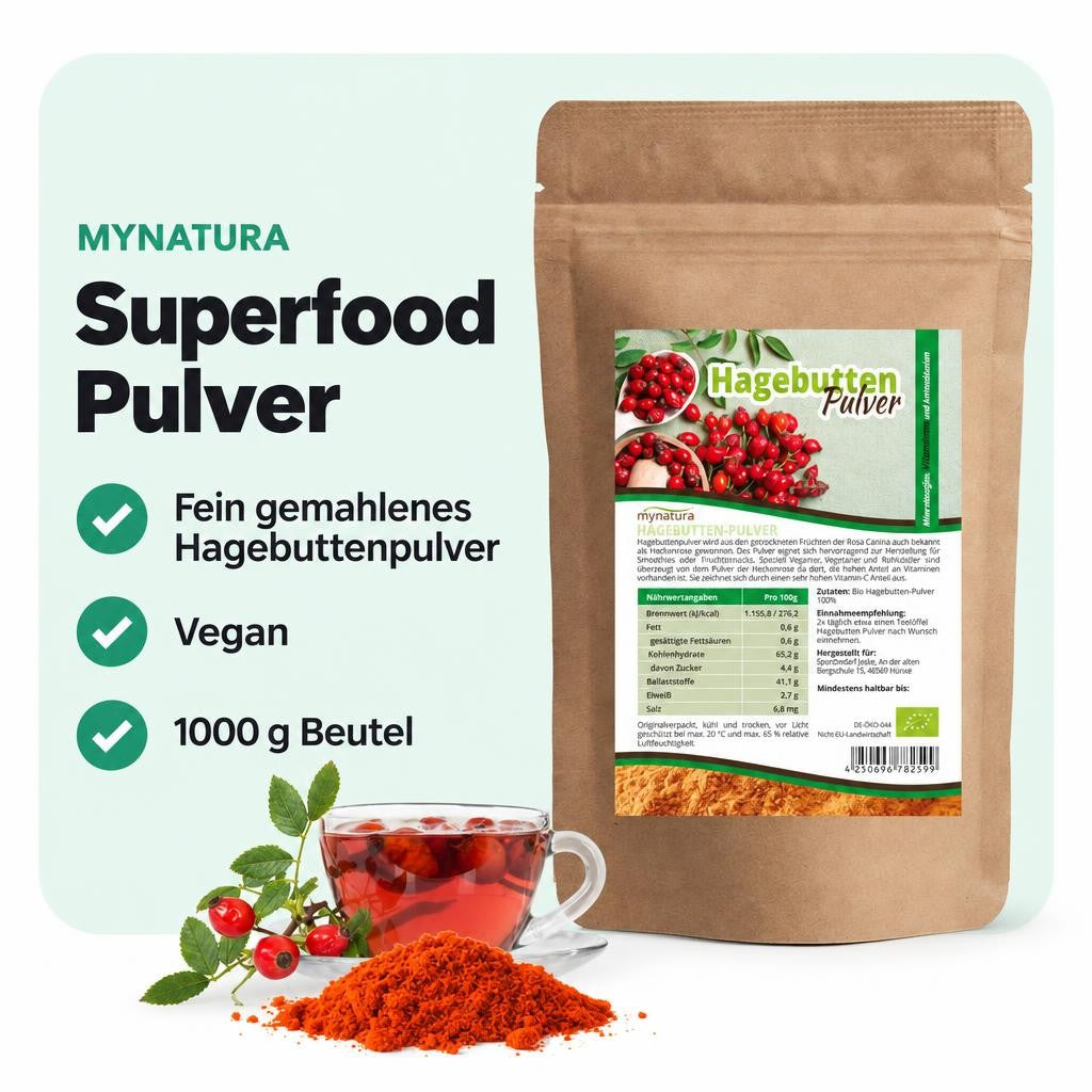 Feines Hagebuttenpulver für Drinks, Bowls und kreative Rezeptideen.