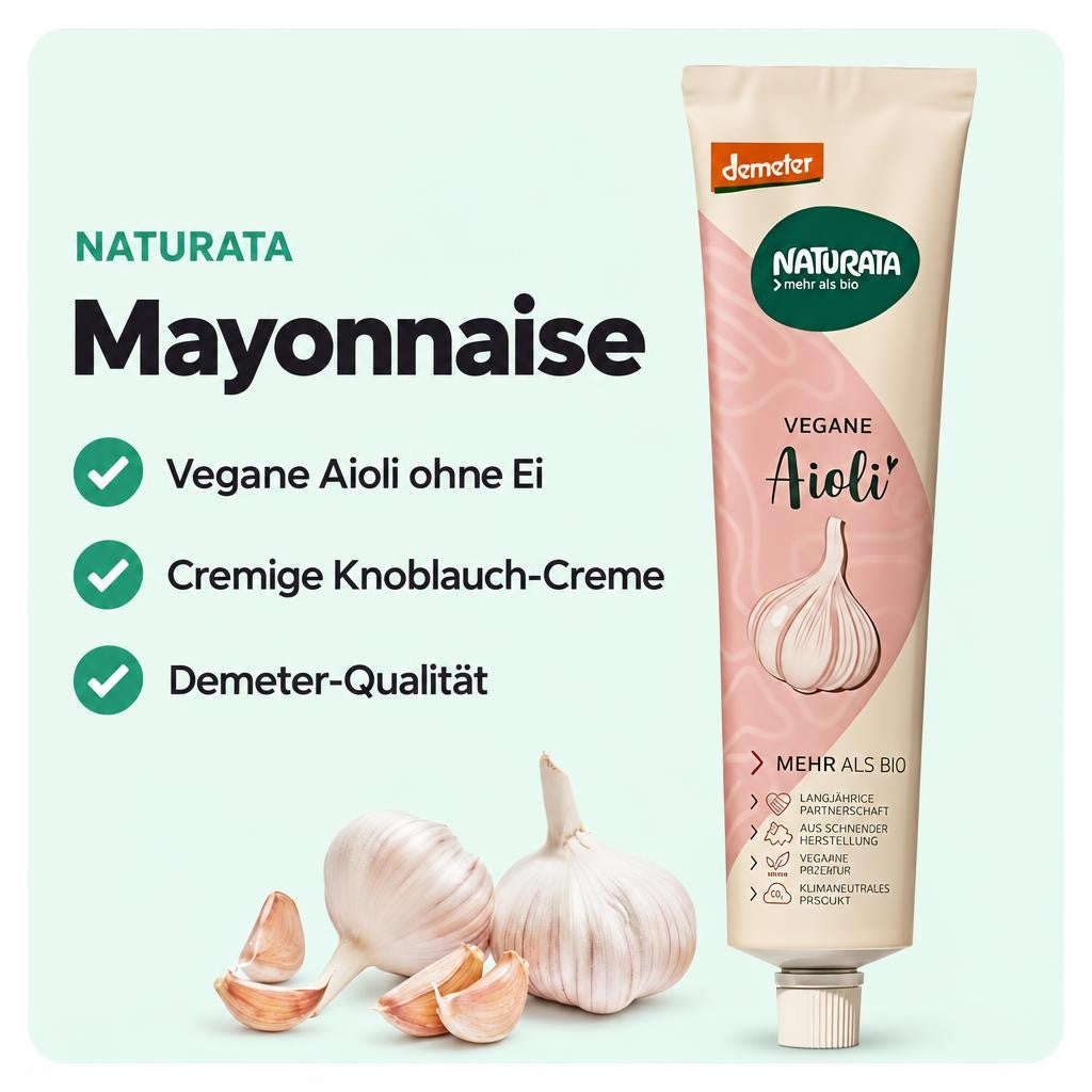 Vegane Aioli-Creme ohne Ei mit Knoblauchgeschmack in der 190 ml Tube.