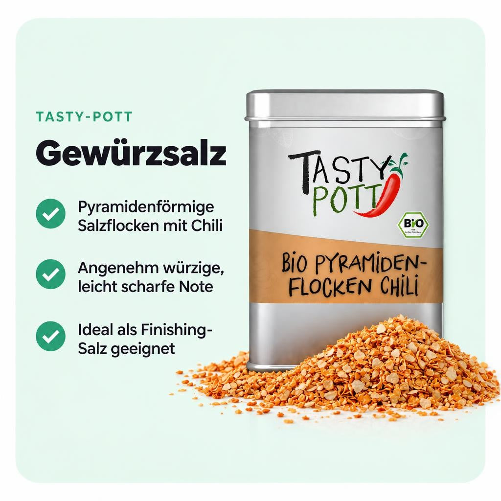 Pyramidenförmige Salzflocken mit würziger Chili-Note für besondere Akzente.