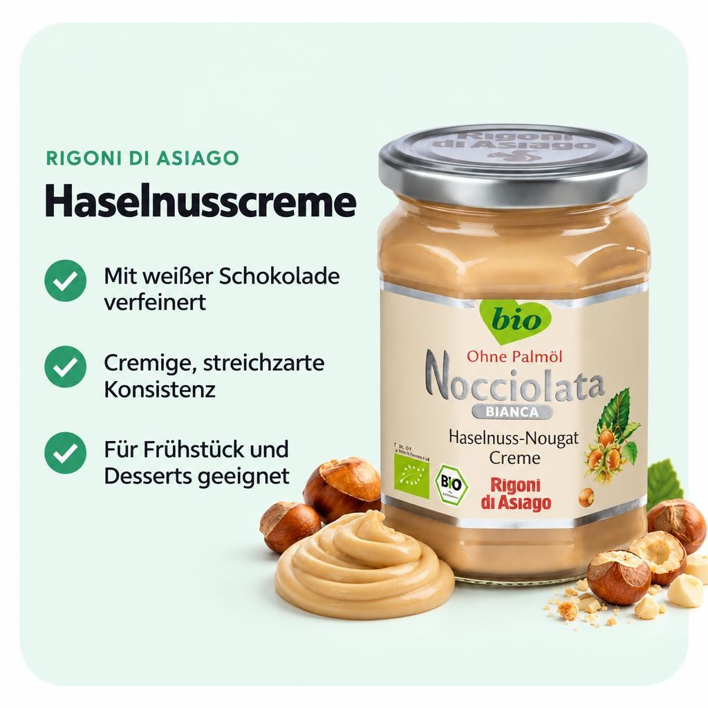 Haselnusscreme mit weißer Schokolade – streichzart und cremig für süße Genussmomente.