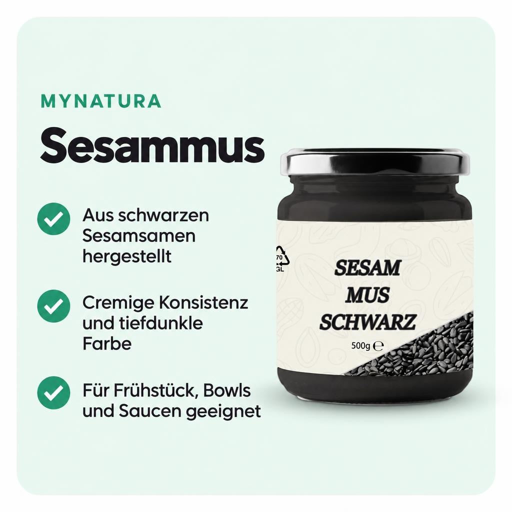 Cremiges schwarzes Sesammus mit nussigem Aroma für süße und herzhafte Gerichte.