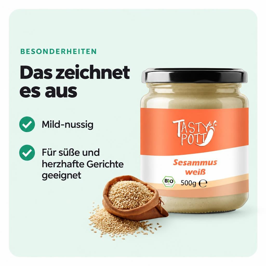 Tasty Pott bio Sesammus weiß - Tahin - 500g Glas – Bild 5