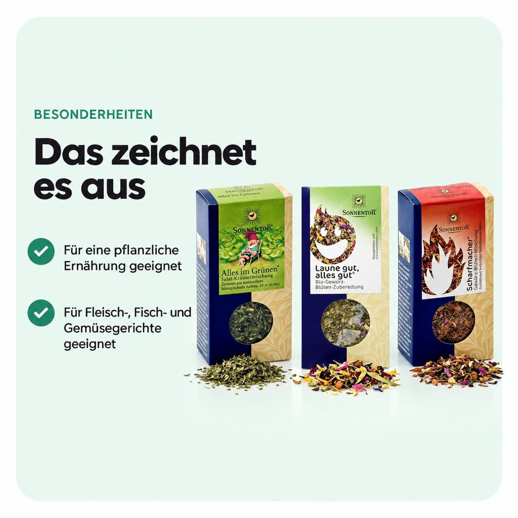 Sonnentor - 3er Set Gewürze - Scharfmacher (30g) Alles im Grünen (15g) Laune gut alles gut (15g) – Bild 5
