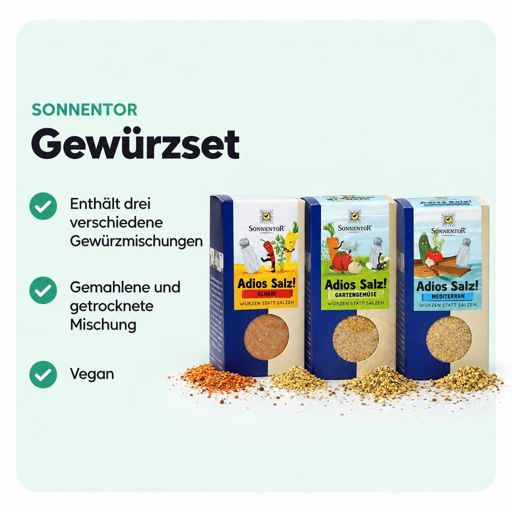 Drei Gewürzmischungen: Scharf, Gartengemüse und Mediterran in einem Set.